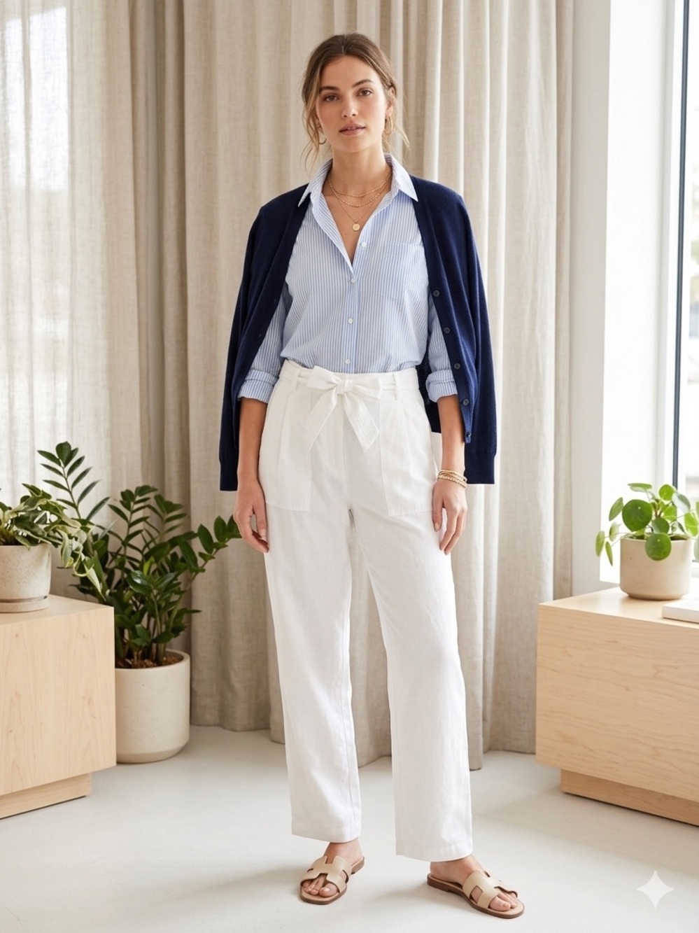 Eesome Classic High Rise Tie Waist White Tencel Trouser Pants NWT! size Medium